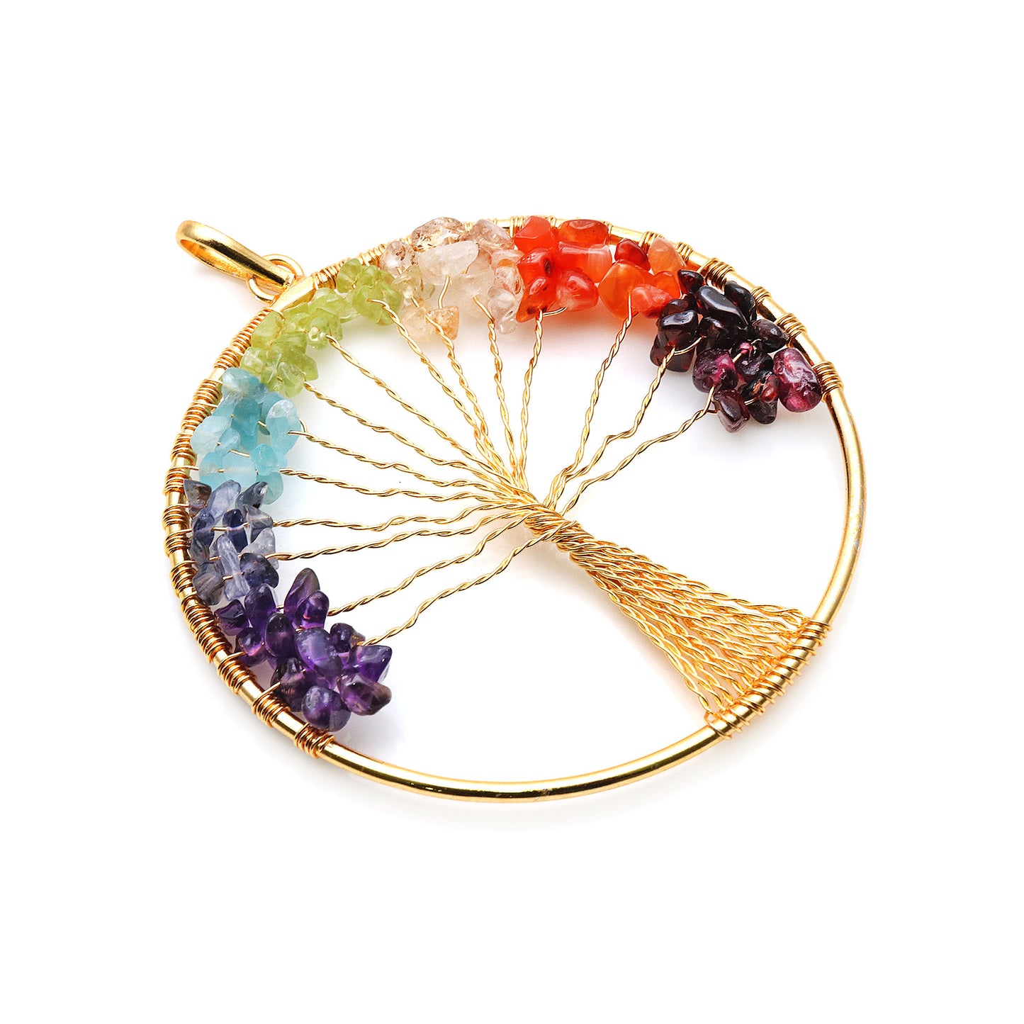 7 Chakra Tree Of Life 79x73mm Gold Wire Wrapped Round Shape Pendant