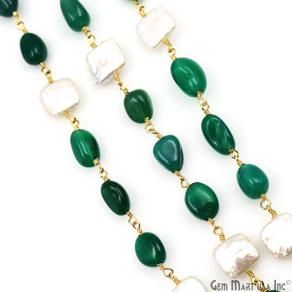 Green Onyx & Pearl Tumble Beads Gold Plated Rosary Chain