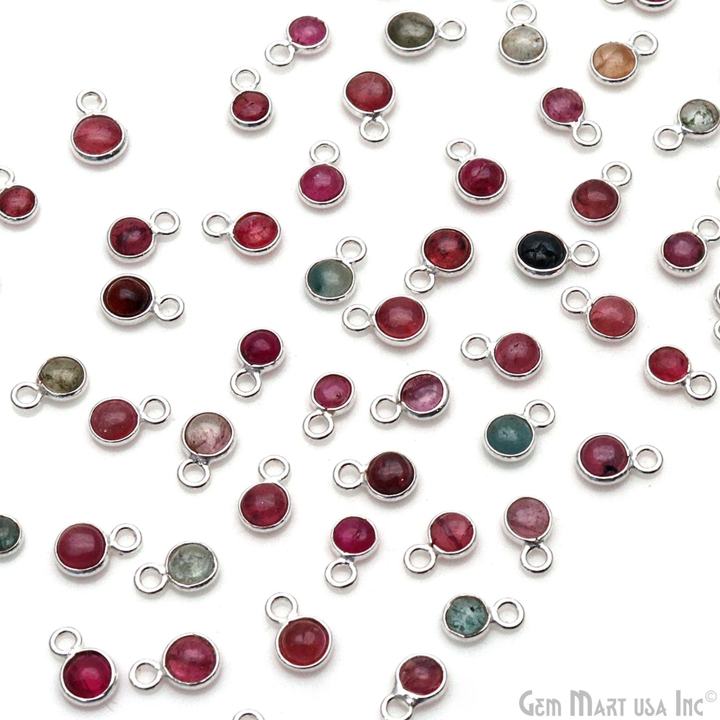 5PC Lot Multi Tourmaline Cabochon Round 4mm Silver Plated Single Bail Gemstone Connector