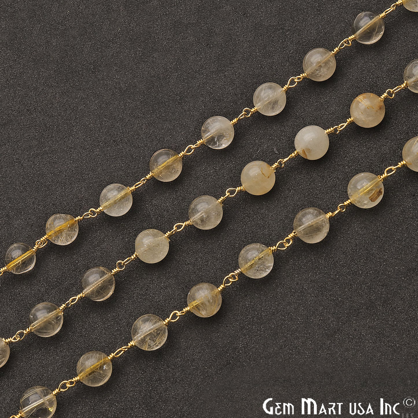 Golden Rutile Smooth Beads 8mm Gold Plated Wire Wrapped Rosary Chain - GemMartUSA