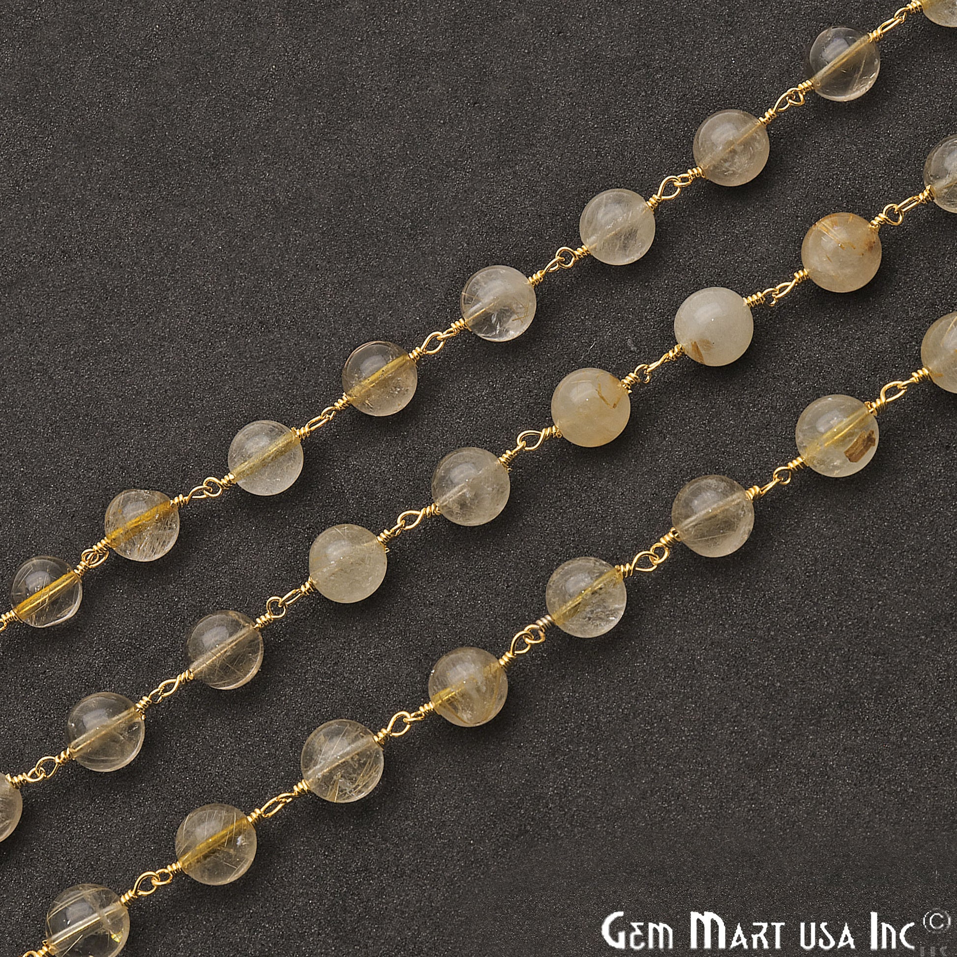 Golden Rutile Smooth Beads 8mm Gold Plated Wire Wrapped Rosary Chain - GemMartUSA