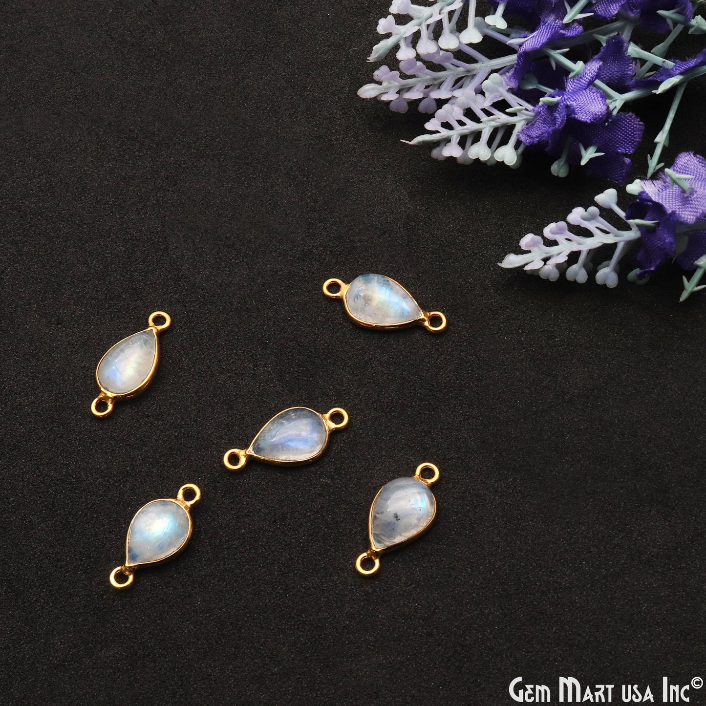 Rainbow Moonstone Cabochon 7x10mm Pears Double Bail Gold Bezel Connector