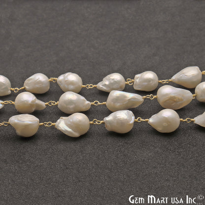 Pearl 12-16mm Free Form Gold Plated Wire Wrapped Gemstone Rosary Chain - GemMartUSA