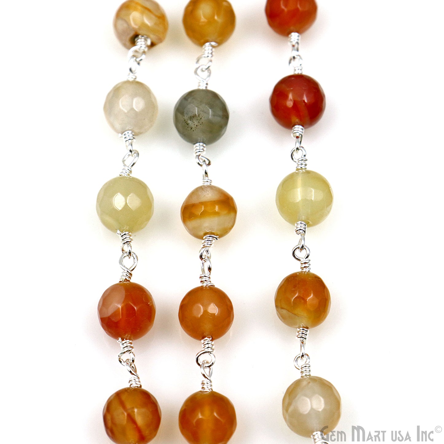 Shaded Carnelian jade Faceted Beads 8mm Silver Wire Wrapped Rosary Chain