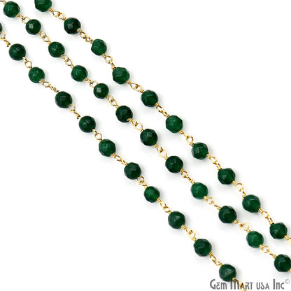 Green Jade Faceted Round 4mm Beads Gold Plated Wire Wrapped Rosary Chain