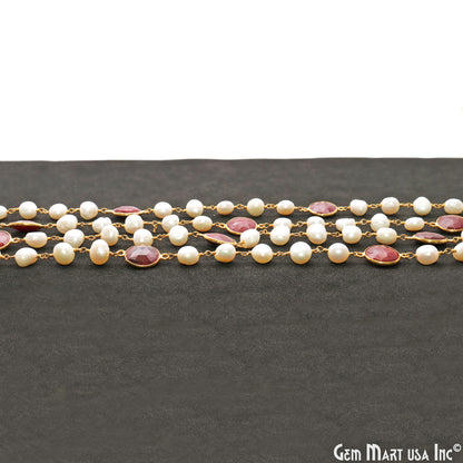 Pearl & Ruby Gold Wire Wrapped Beaded Rosary Chain