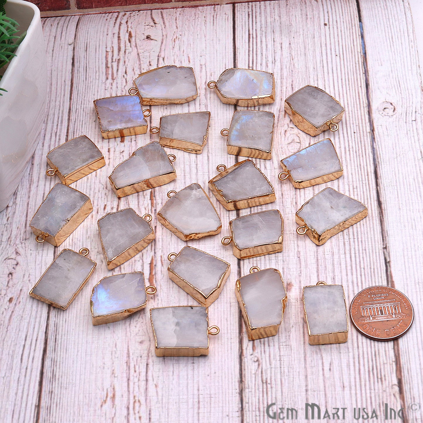 DIY Rough Rainbow Moonstone 20x14mm Gold Edge Gemstone Connector - GemMartUSA