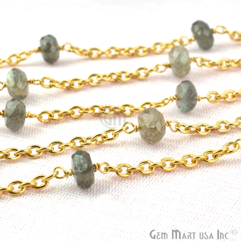 Labradorite Rondelle 7-8mm Gold Plated Wire Wrapped Beads Rosary Chain (763879424047)