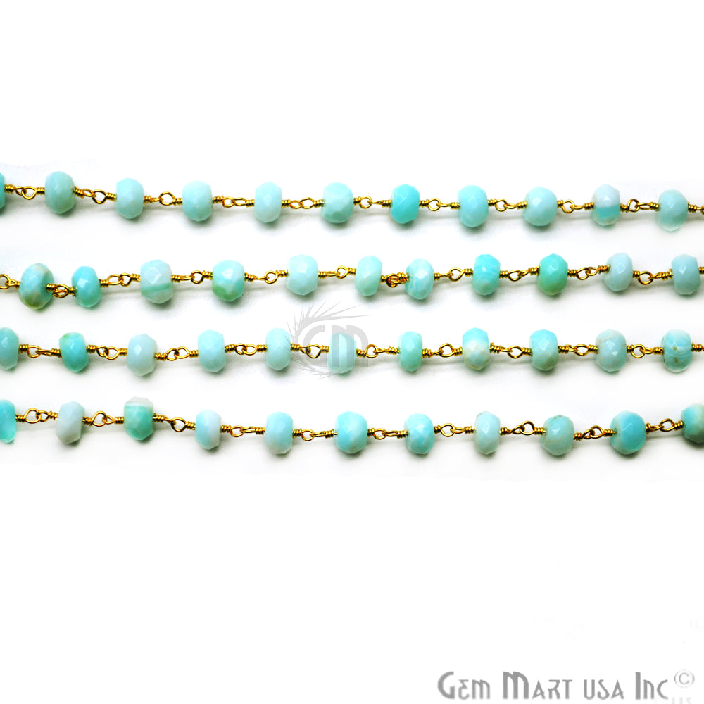 Blue Opal Rondelle Beads Gold Plated Wire Wrapped Rosary Chain - GemMartUSA (763909275695)