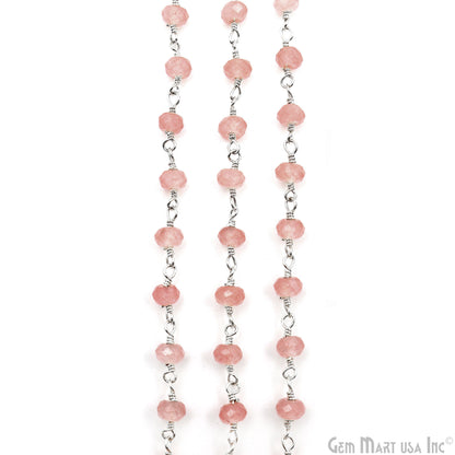 Pink Sunstone Jade Faceted Beads 4mm Silver Plated Gemstone Rosary Chain