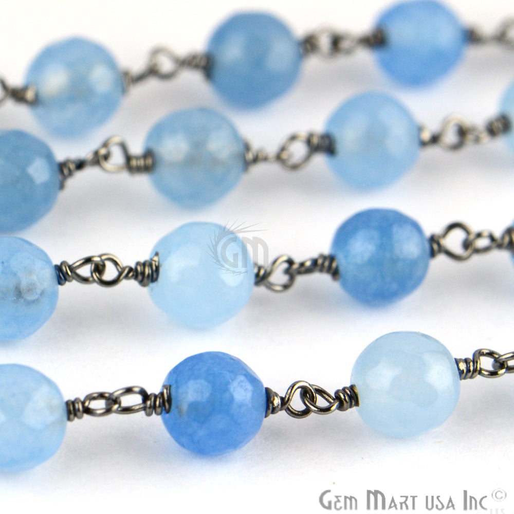 Baby Blue Jade Faceted Beads 6mm Oxidized Wire Wrapped Rosary Chain