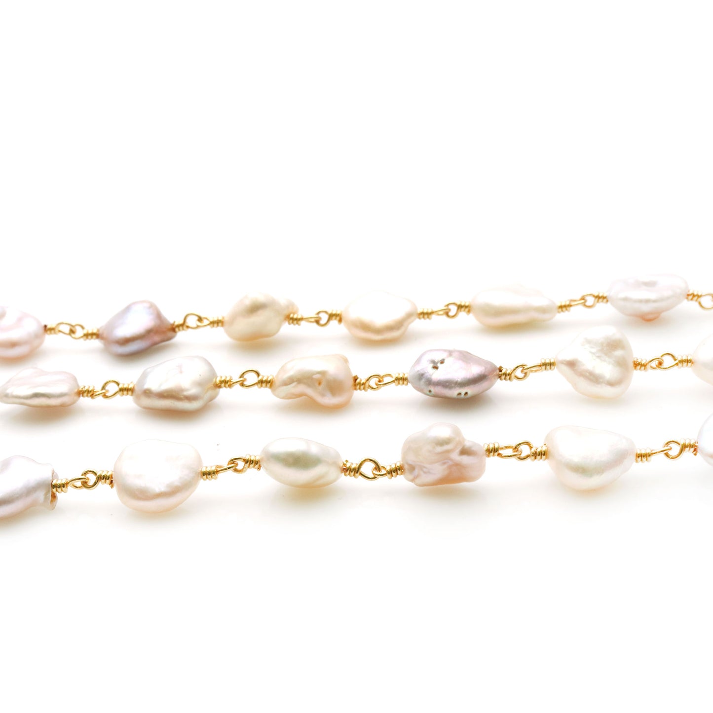 Pink Pearl Free Form 7-8mm Gold Wire Wrapped Rosary Chain