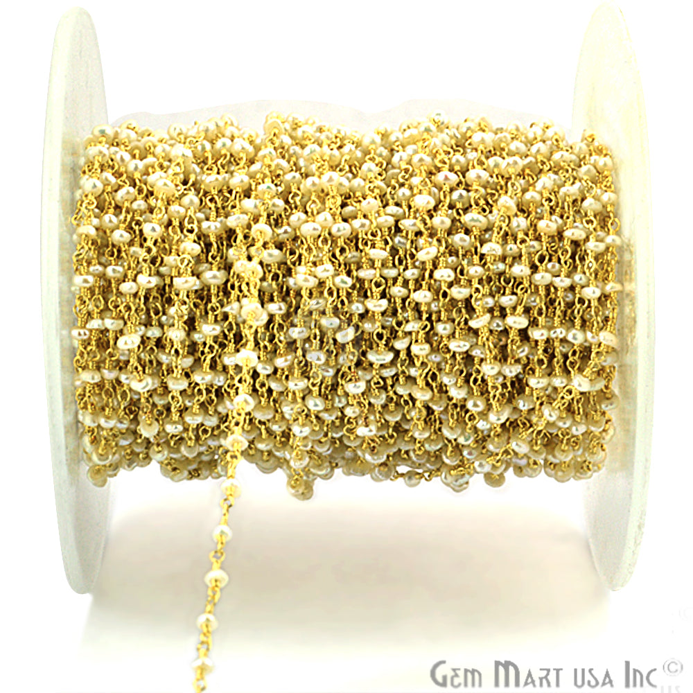 Pearl 2mm Beads Gold Plated Wire Wrapped Gemstone Rosary Chain - GemMartUSA