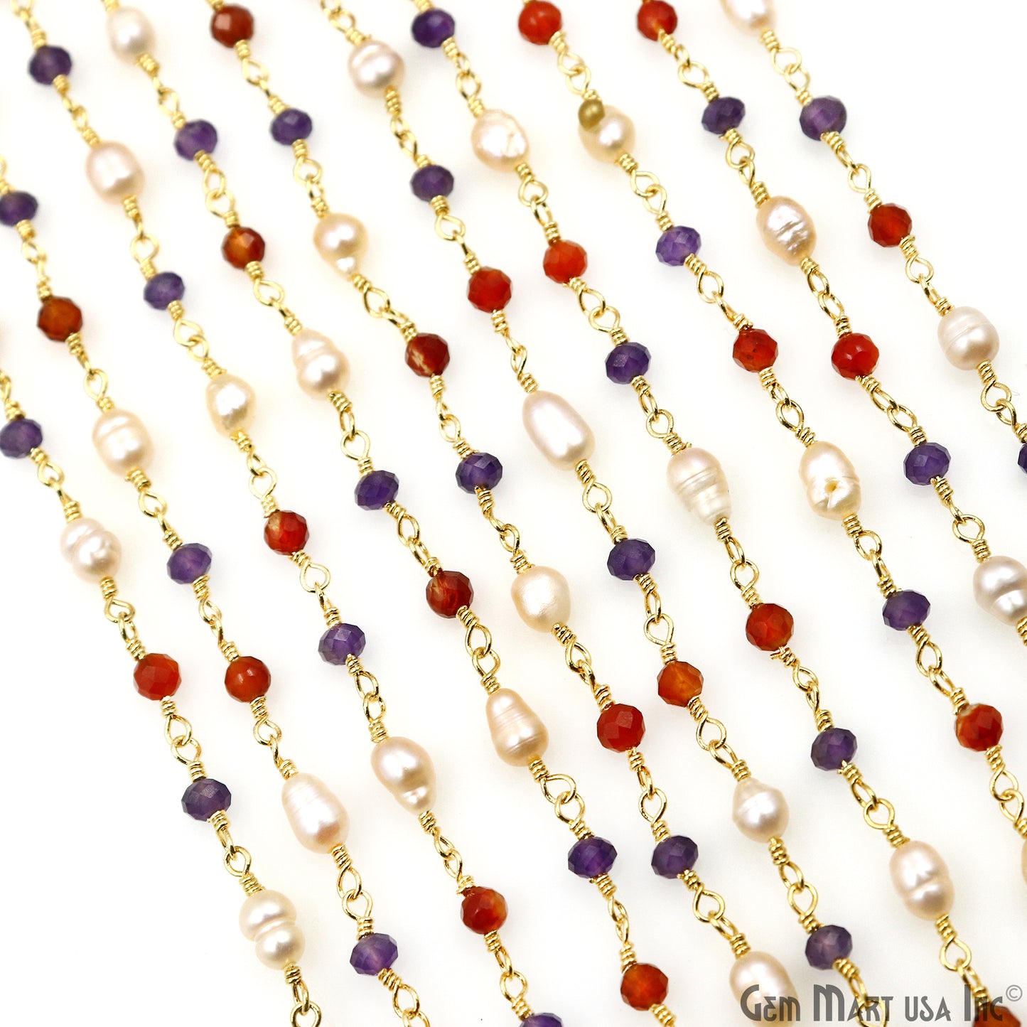 Multistone Faceted Beads With Pearl 3-3.5mm Gold Plated Wire Wrapped Beads Rosary Chain