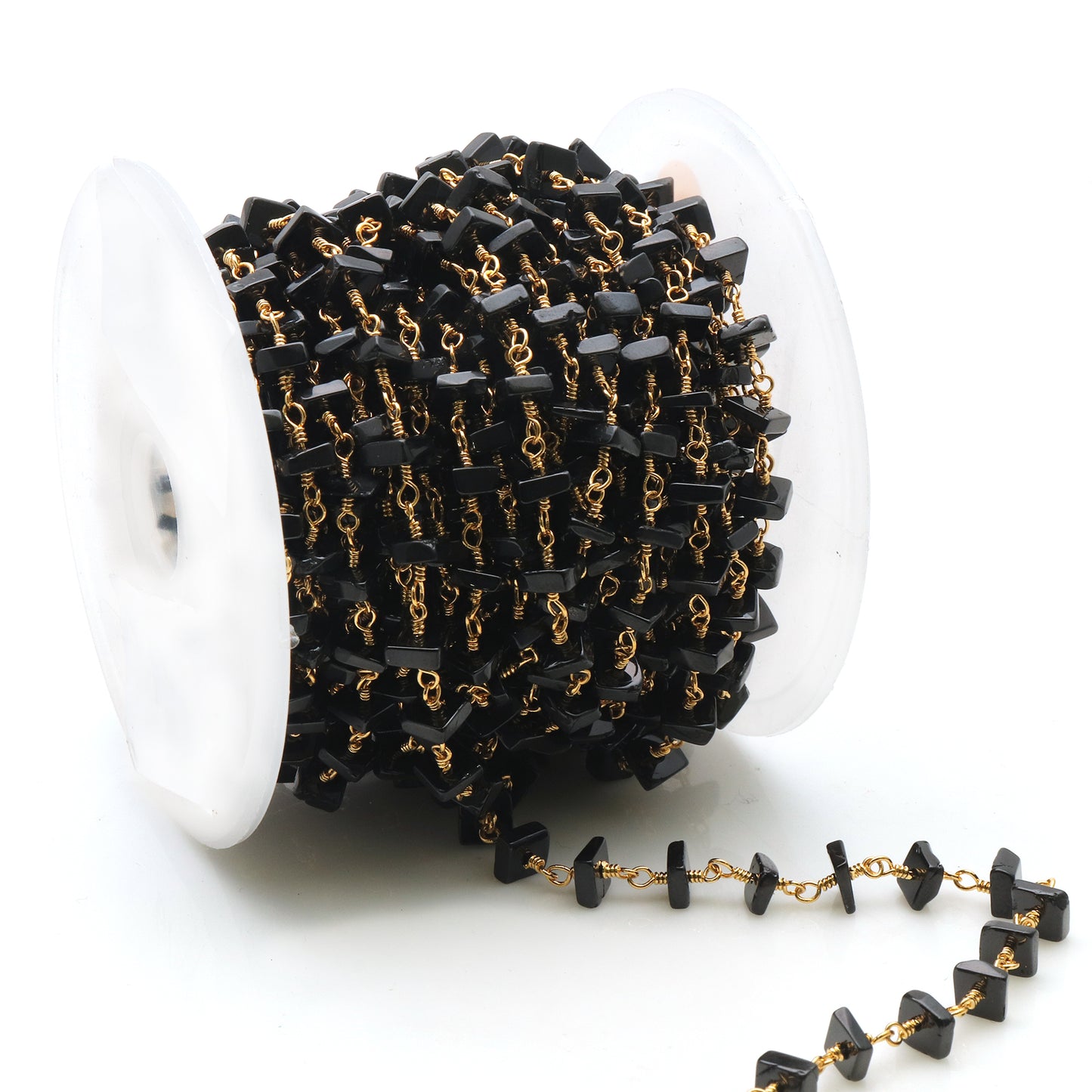 Black Spinel Square Beads 4-5mm Gold Wire Wrapped Rosary Chain