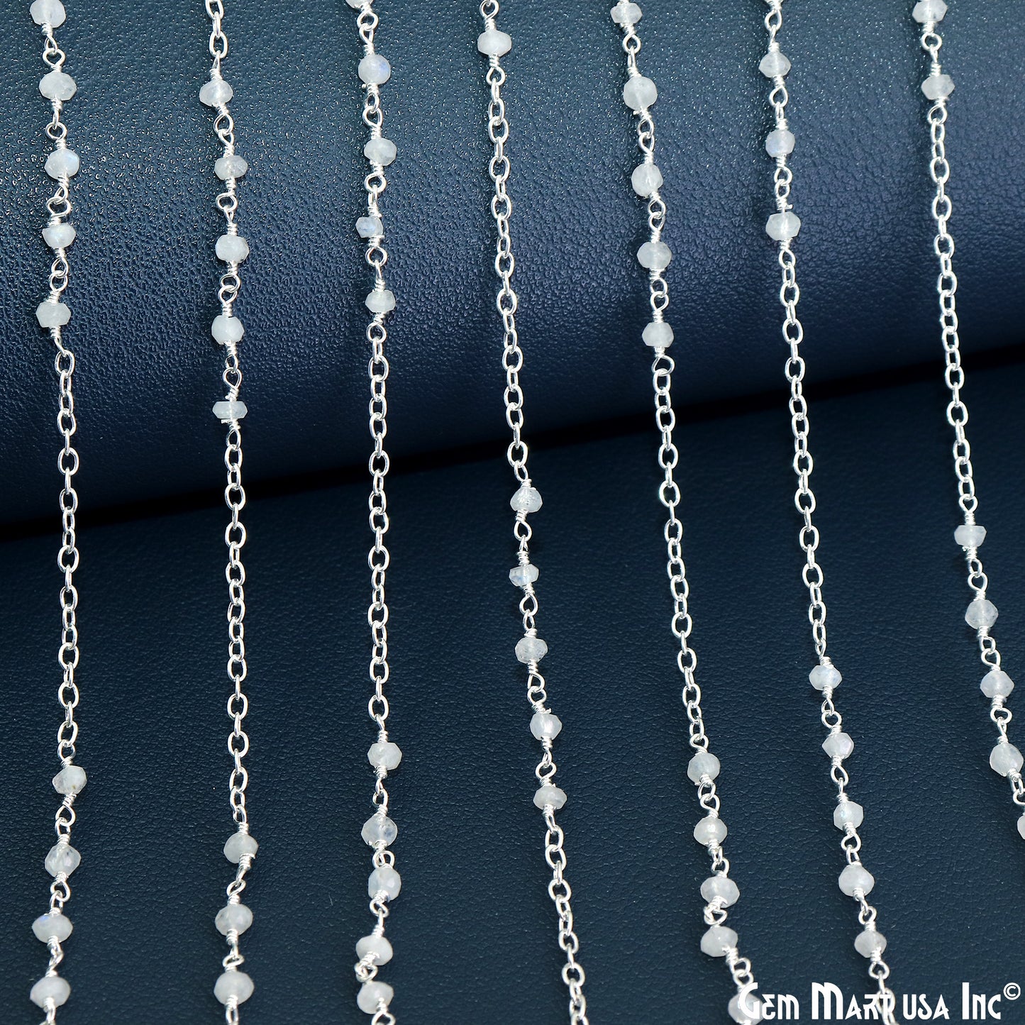 Rainbow Moonstone Faceted Beads 3-3.5mm Gemstone Beaded Silver Plated Wire Wrapped Rosary Chain