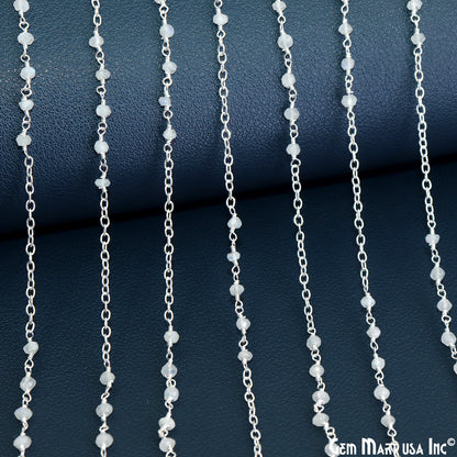 Rainbow Moonstone Faceted Beads 3-3.5mm Gemstone Beaded Silver Plated Wire Wrapped Rosary Chain