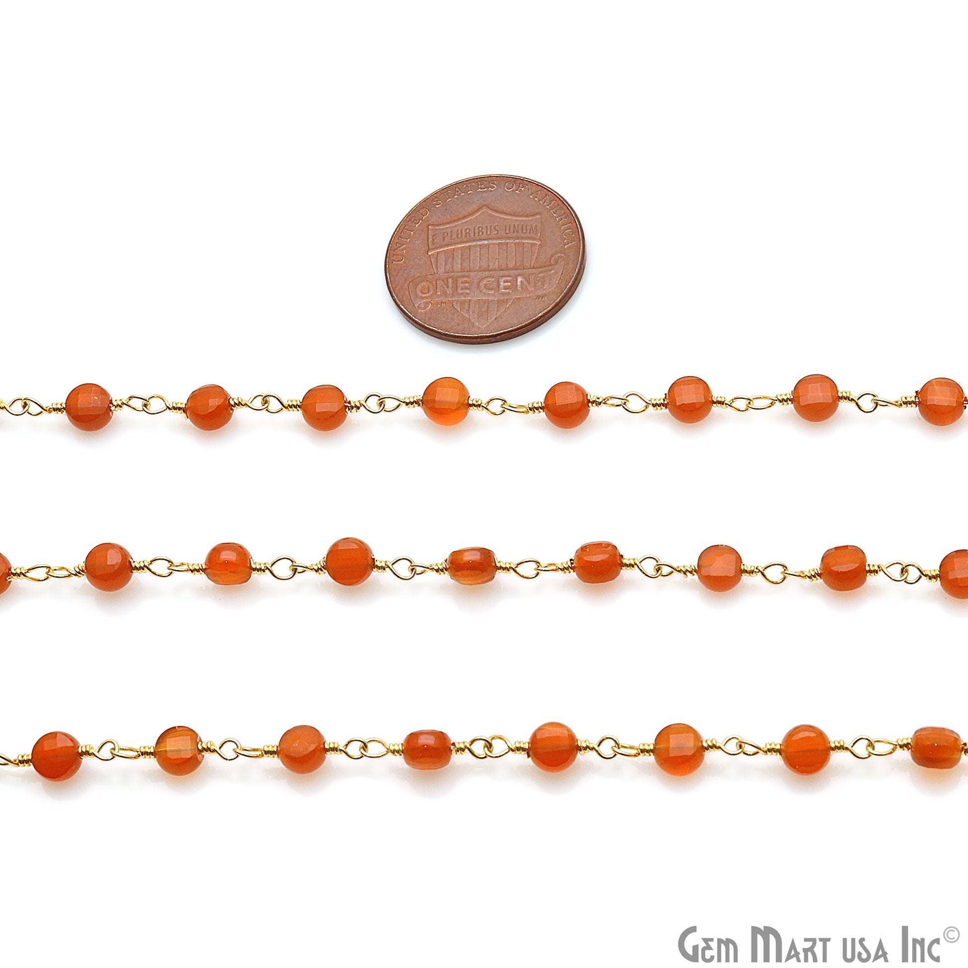 Carnelian Faceted 3-4mm Gold Wire Wrapped Rosary Chain - GemMartUSA