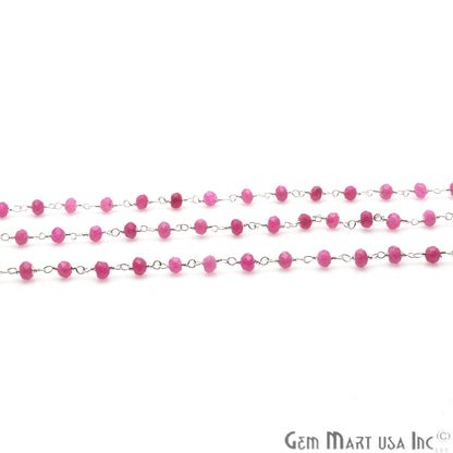 Hot Pink Jade Beads 4mm Silver Plated Wire Wrapped Rosary Chain - GemMartUSA