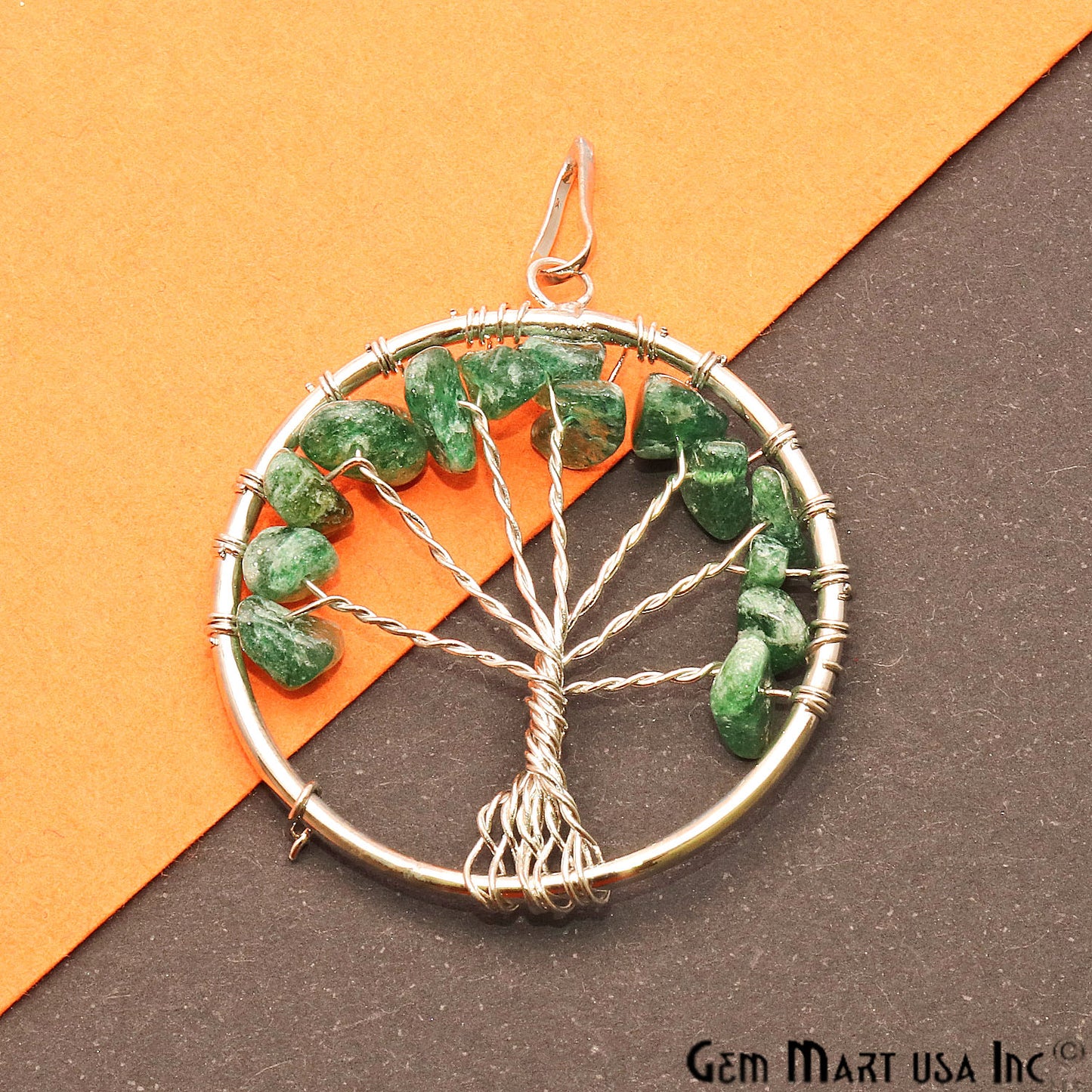 Tree of Life Aventurine Silver Wire Wrapped 45x40mm Chakra Pendant - GemmartUSA