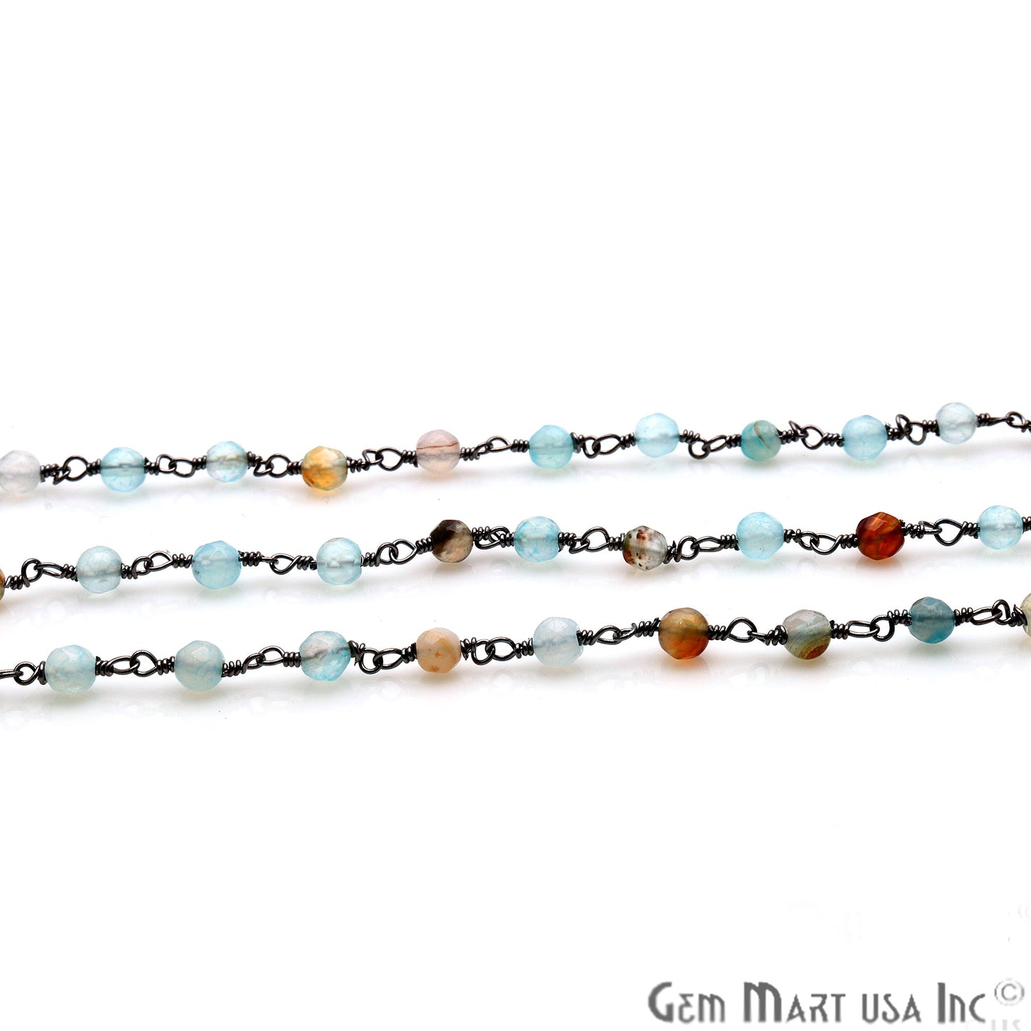 Blue Onyx Jade Faceted Beads Oxidized Plated Wire Wrapped Rosary Chain - GemMartUSA