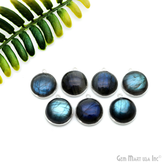 Flashy Labradorite Cabochon 17mm Round Single Bail Silver Plated Gemstone Connector