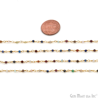 Multi Stone Faceted 2mm Gold Wire Wrapped Rosary Chain