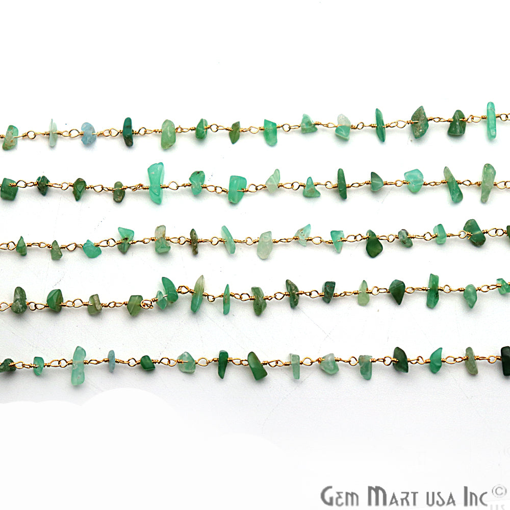 Chrysoprase Nugget Chip Gold Plated Wire Wrapped Beaded Rosary Chain - GemMartUSA