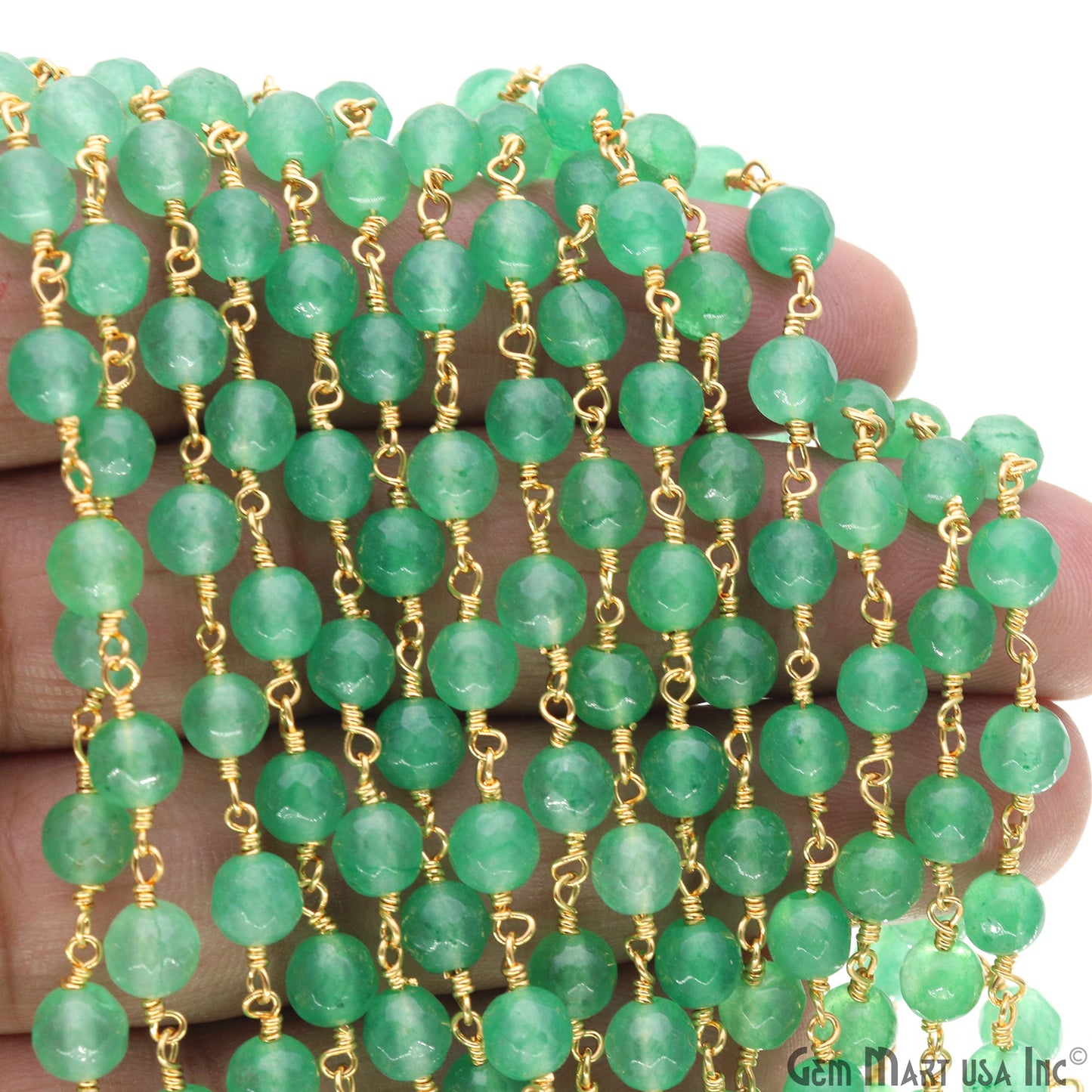 Baby Green Jade Cabochon 6mm Beads Gold Wire Wrapped Rosary Chain