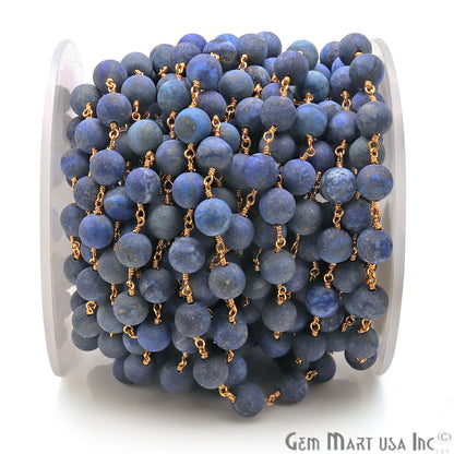 Lapis Frosted Beads 8mm Gold Plated Wire Wrapped Rosary Chain - GemMartUSA