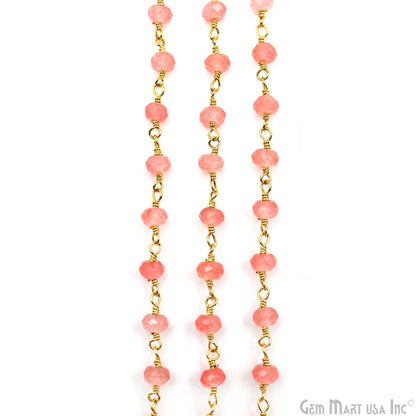 Pink Sunstone Jade Faceted Beads 4mm Gold Plated Gemstone Rosary Chain