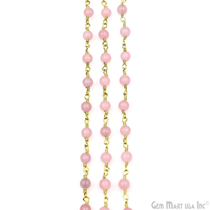 Pink Jade Cabochon 4mm Gold Wire Wrapped Rosary Chain