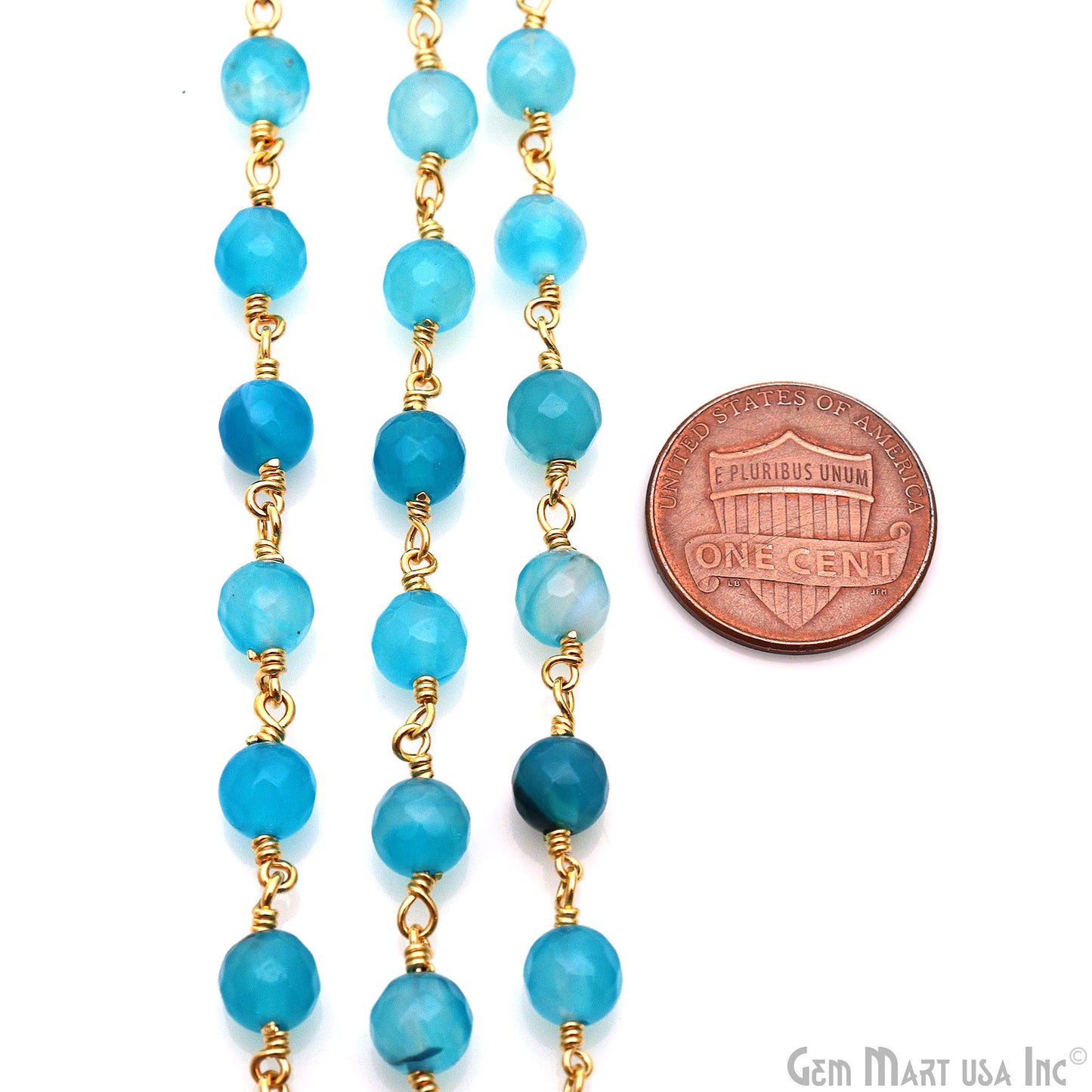 Sky Blue Jade 6mm Beads Gold Plated Wire Wrapped Rosary Chain (763737145391)