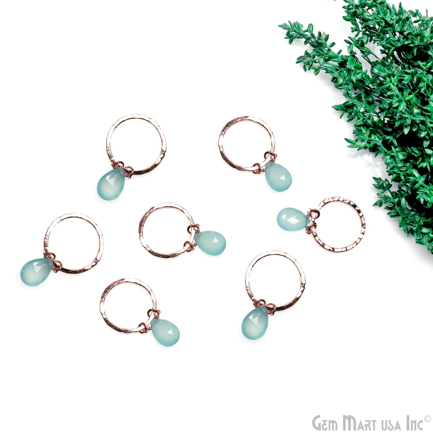 Aqua Chalcedony Pears 20mm Hoop Rose Gold Wire Wrapped Gemstone Connector 1pc