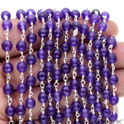 Amethyst Jade Cabochon 6mm Beads Silver Wire Wrapped Rosary Chain