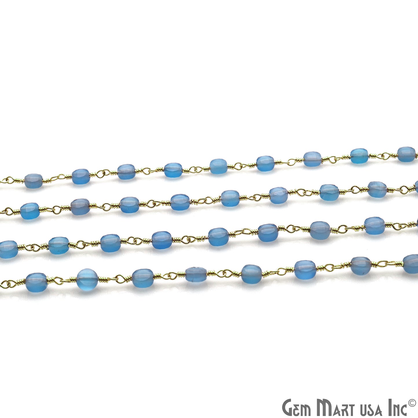 Sky Blue Chalcedony Faceted 3-4mm Gold Wire Wrapped Rosary Chain - GemMartUSA