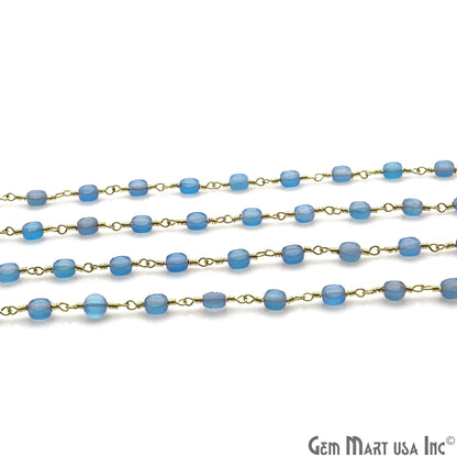 Sky Blue Chalcedony Faceted 3-4mm Gold Wire Wrapped Rosary Chain - GemMartUSA