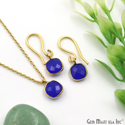 Blue Chalcedony Cushion 8mm Single Side Bail Gold Bezel Gemstone Connector Pendant