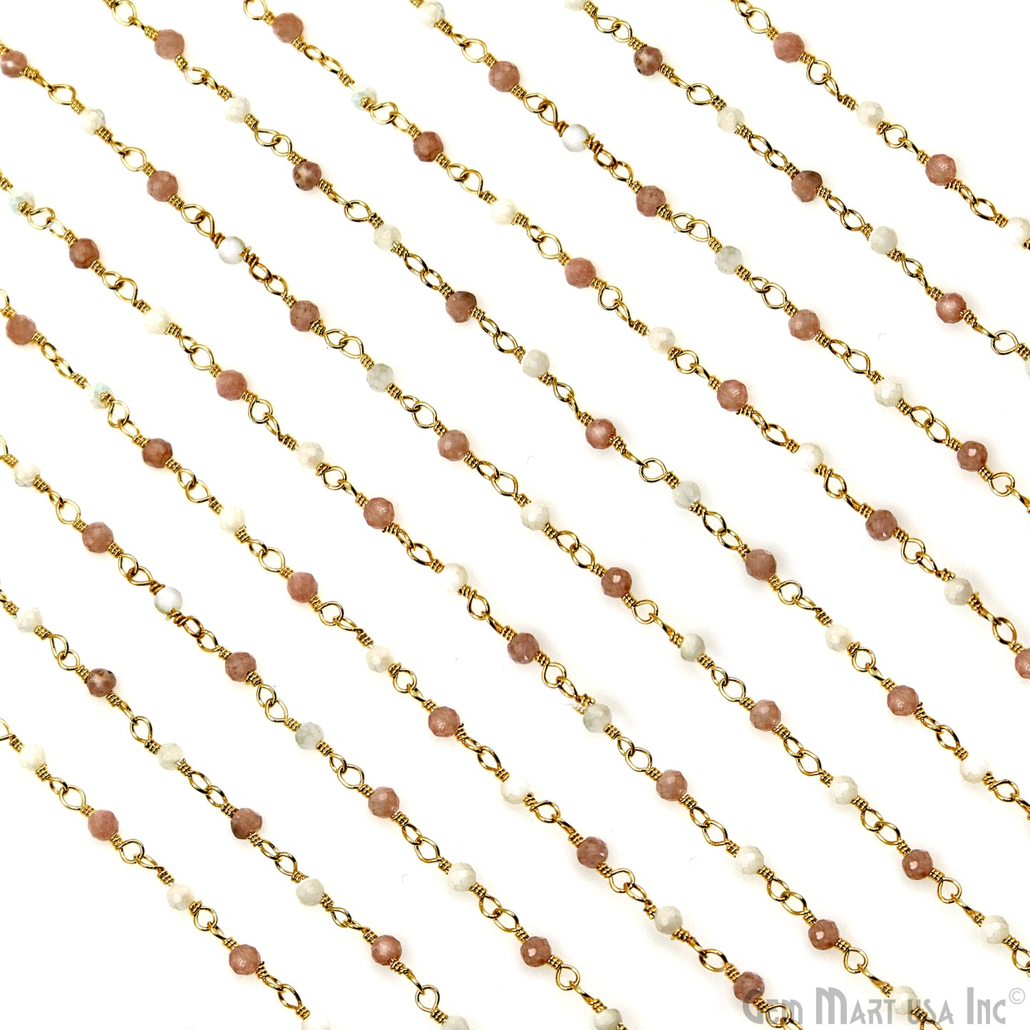 Rhodochrosite & Mother Of Pearl Gold Plated Wire Wrapped Gemstone Beads Rosary Chain