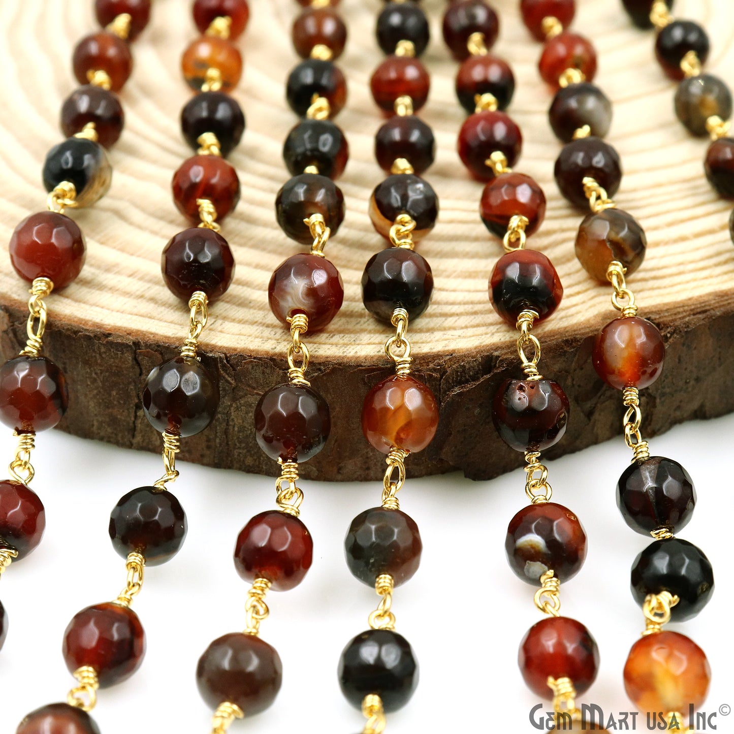 Dark Carnelian Jade Faceted 8mm Gold Plated Wire Wrapped Rosary Chain