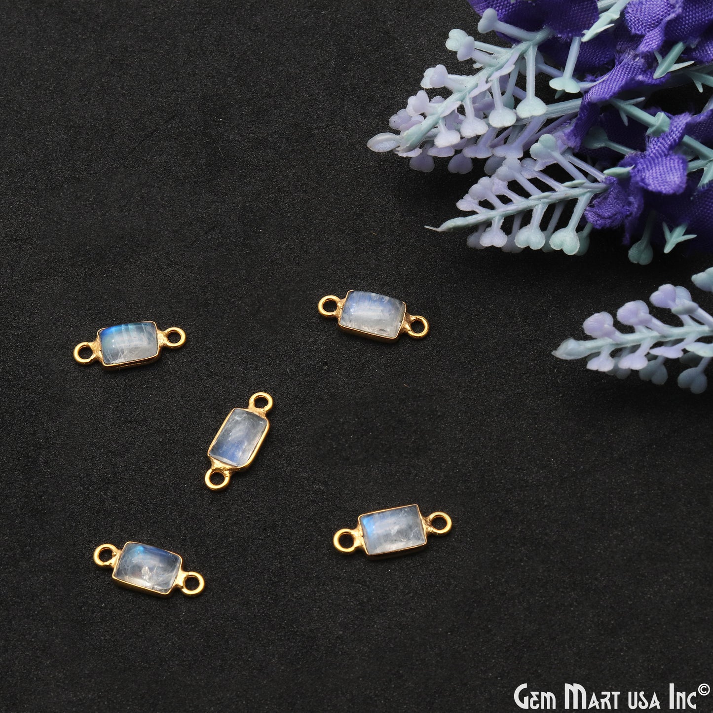 Rainbow Moonstone Cabochon 6x8mm Rectangle Double Bail Gold Bezel Connector