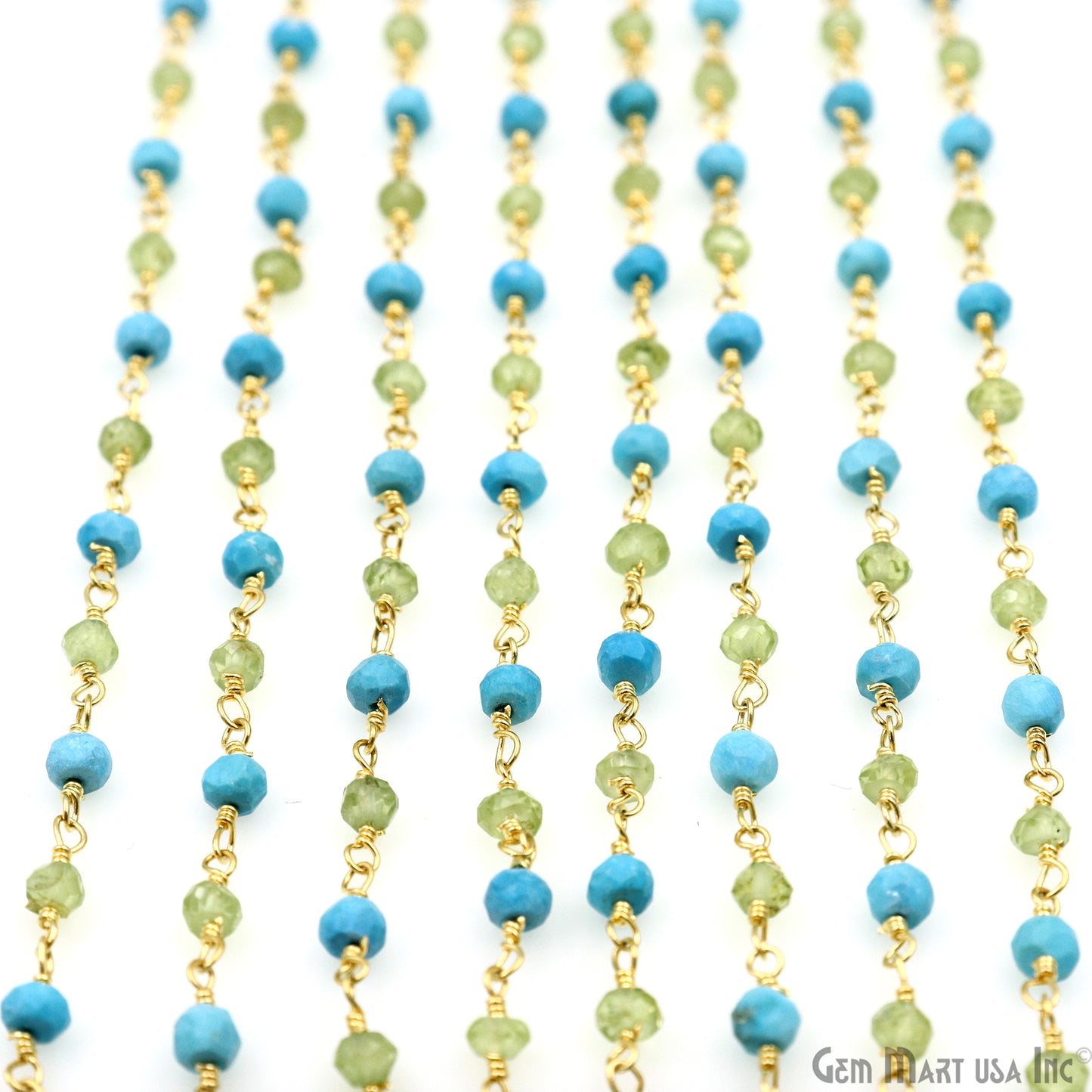 Turquoise & Peridot Bracelet 3-3.5mm Gold Plated Wire Beads Rosary Chain