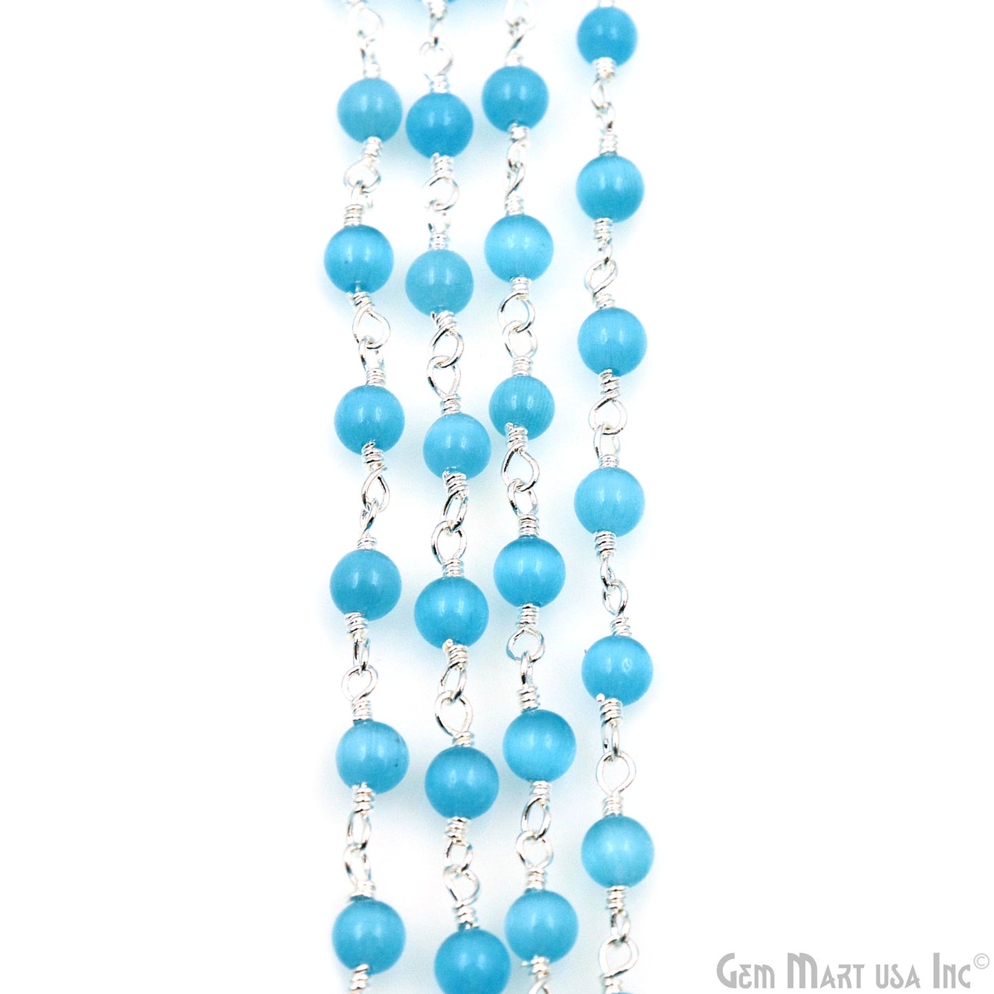 Blue Monalisa Cabochon 4mm Silver Wire Wrapped Rosary Chain