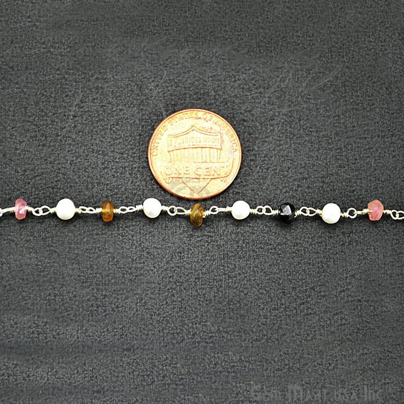 Multi Tourmaline With Pearl Gemstone Beaded Silver Wire Wrapped Rosary Chain