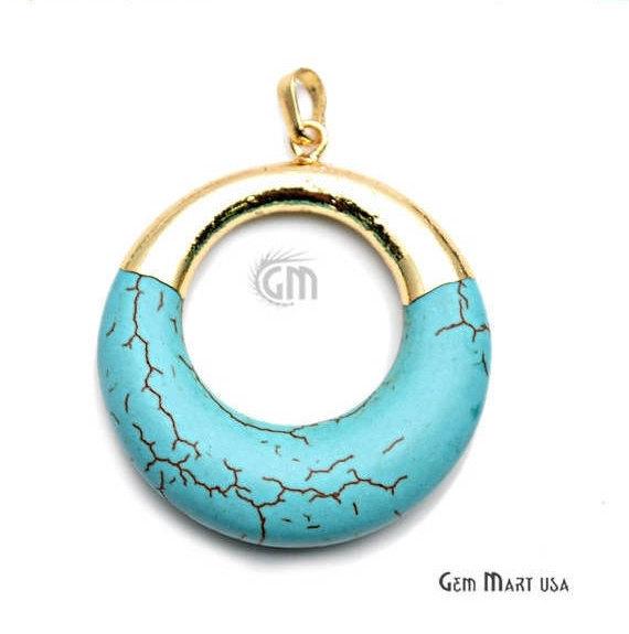 Turquoise Round 34mm Gold Plated Gemstone Circle Pendant - GemMartUSA