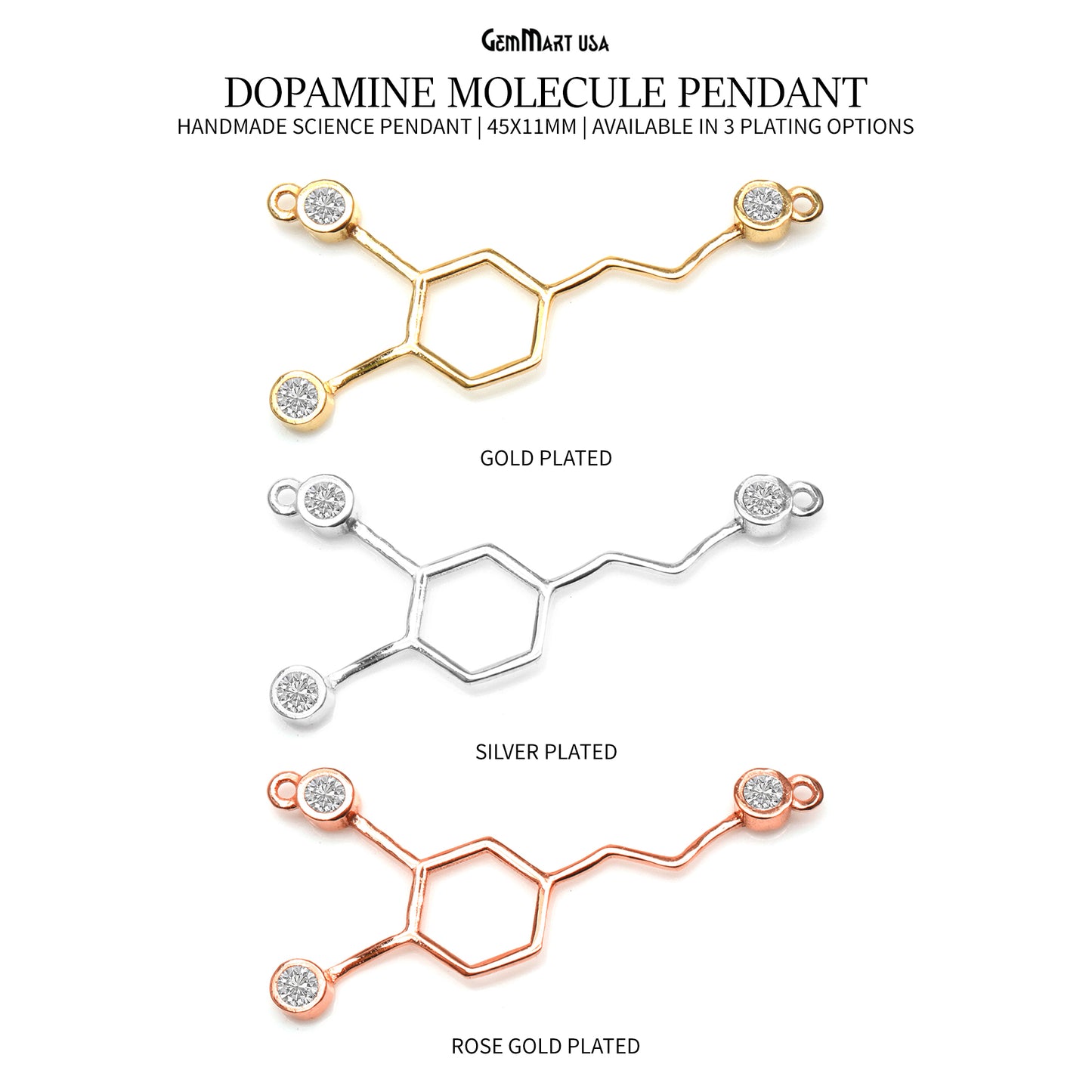 Dopamine Molecule Pendant 45x11mm Chemistry Necklace, Science Necklace