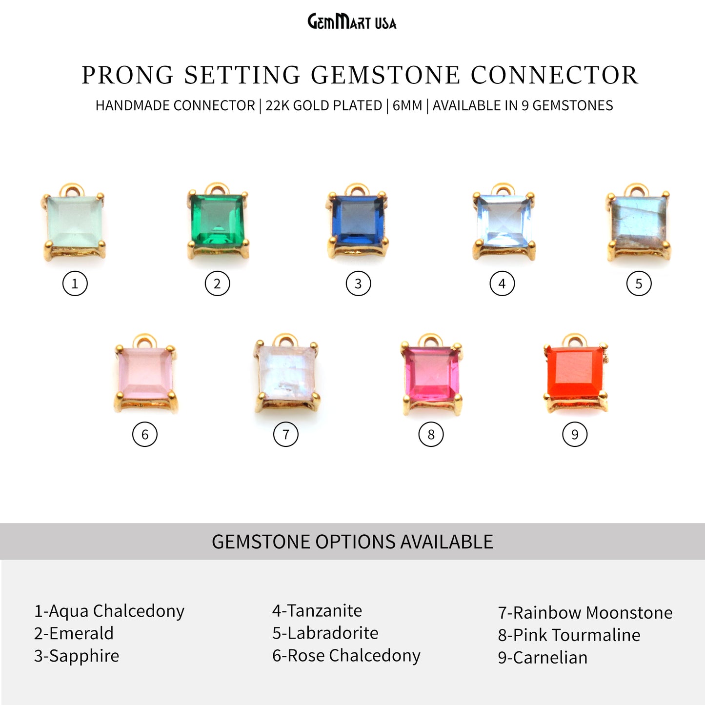 Gemstone 6mm Square Gold Plated Prong Setting Gemstone Connector