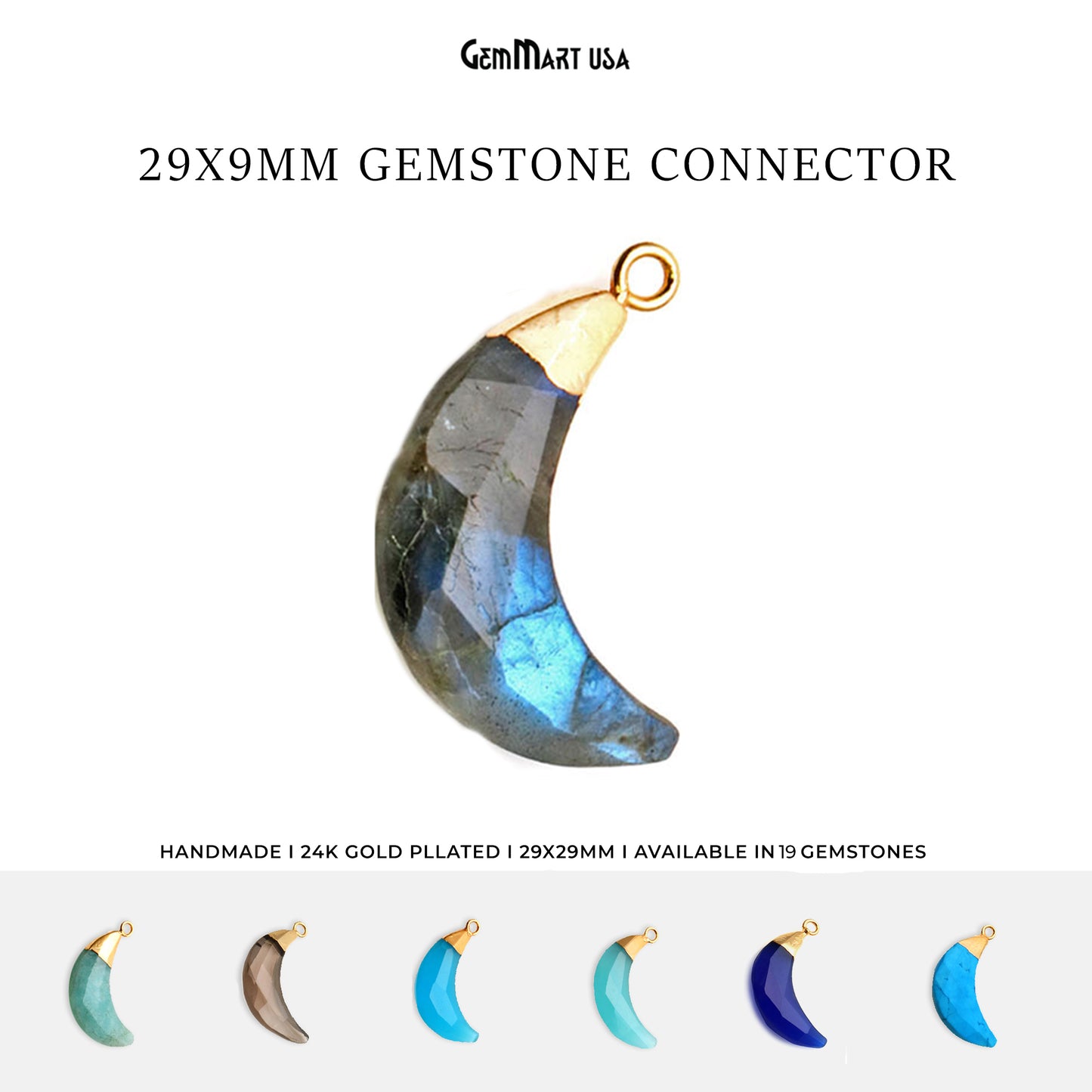 Moon Shape Gemstone Charm 29x9mm Gold Electroplated Single Bail Faceted Gemstone Necklace Pendant