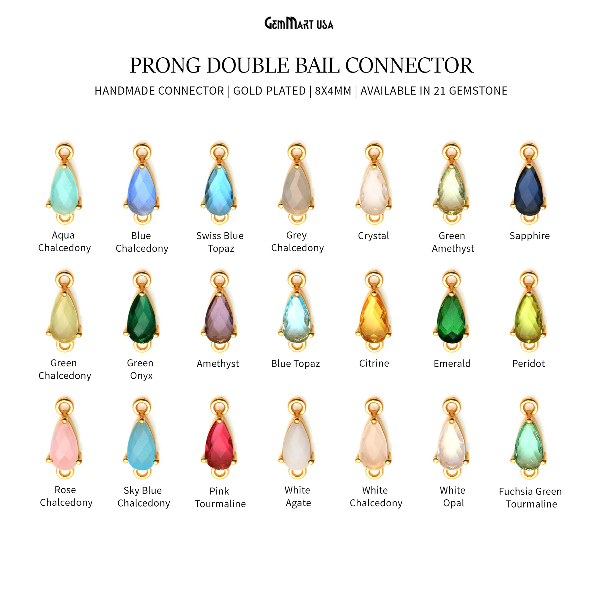 A collection of gemstone connectors for jewelry making, featuring faceted pears in various colors such as blue, green, rose, and white, gold plated with a double bail design.