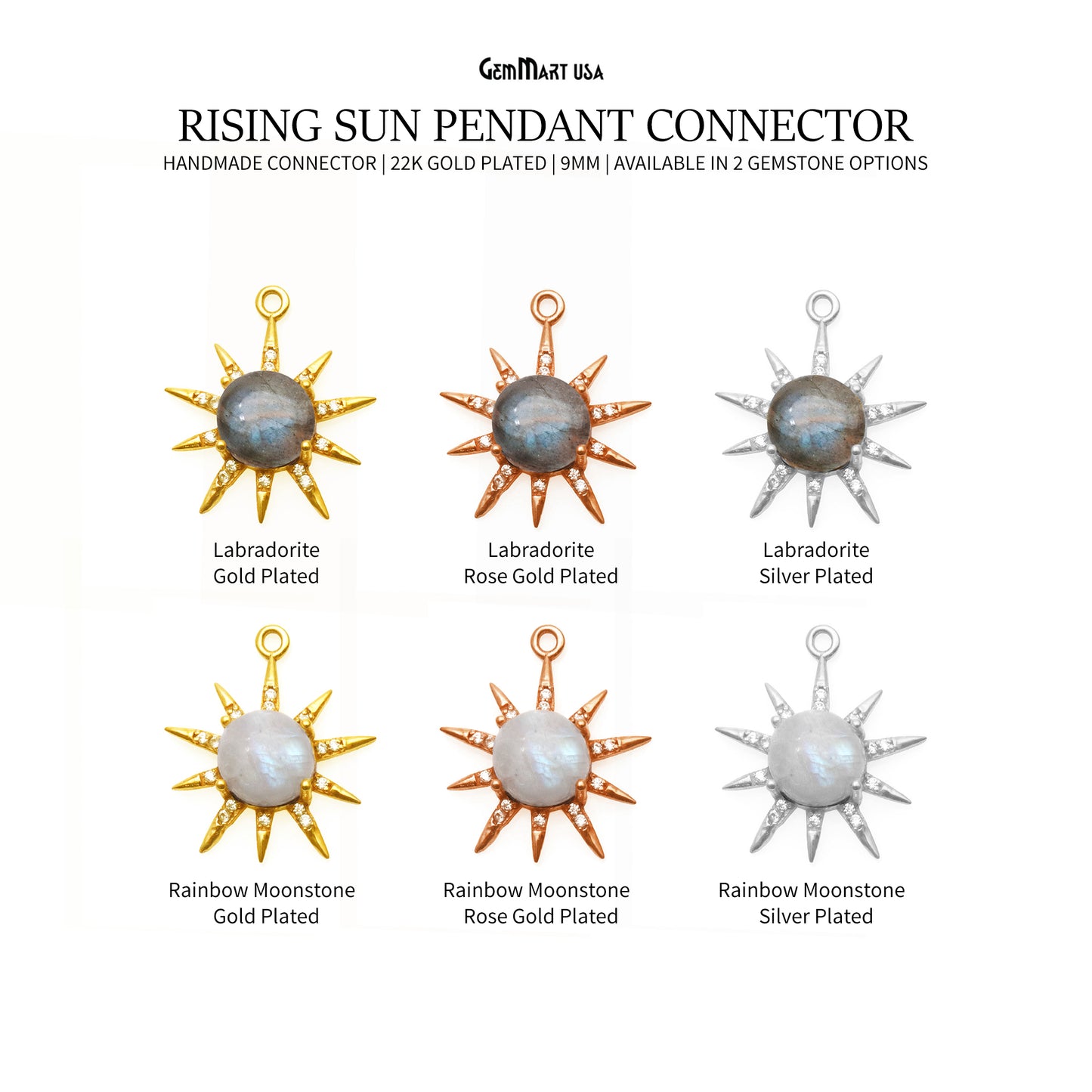 Gemstone Rising Sun Connector Sunburst Pendant Gold Plated 9mm